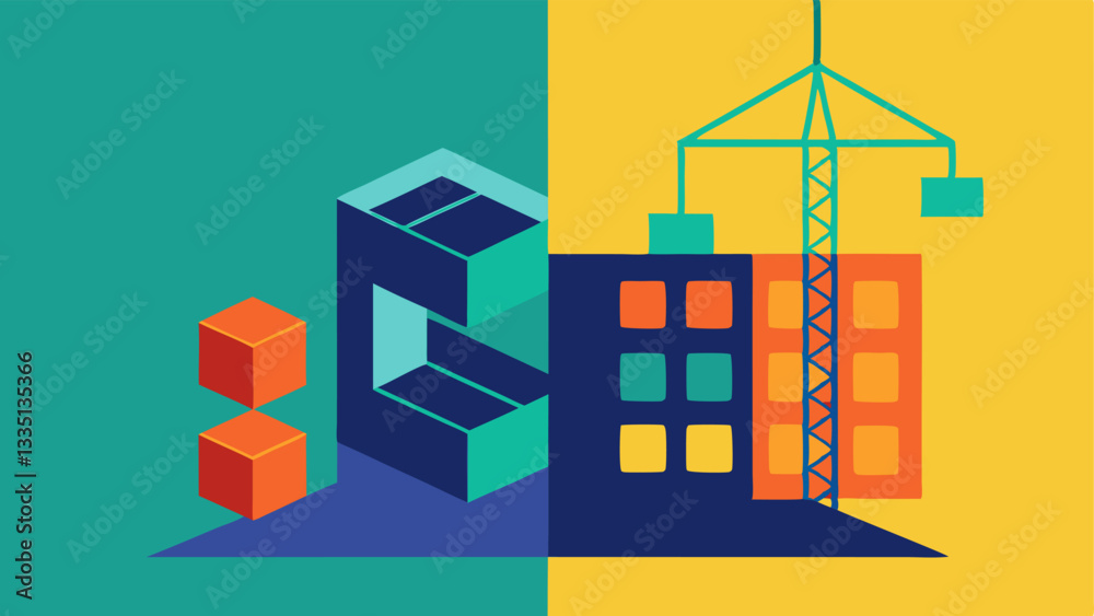 Fototapeta premium SidebySide Comparison A splitscreen illustration showcasing a physical construction site on one side and a digital twin model on the other highlighting the alignment of tasks and