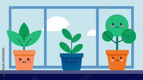 Plants with Faces Several potted plants on a windowsill each with expressive faces. Some look healthy and happy while others appear wilted and distressed symbolizing the anxiety of