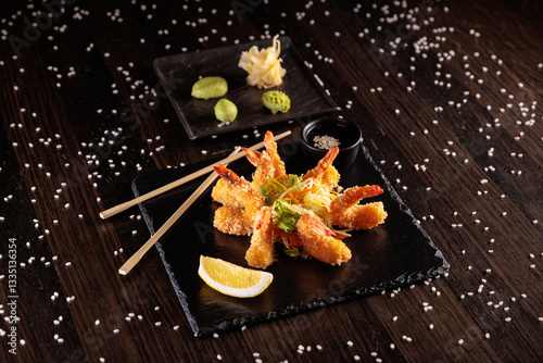 Crispy tempura shrimp served with dipping sauce, wasabi, and lemon on a dark wooden table. Perfect for restaurant menus, Japanese cuisine, seafood appetizers, and food photography.