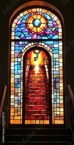 A radiant stained glass artwork featuring a keyhole encased in colorful tiles  illuminated by warm hues and guiding the way to light