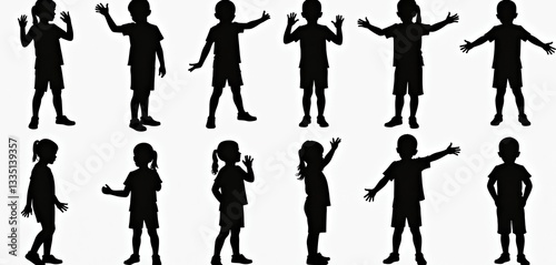 Silhouettes of kids in various poses isolated on white background. Set of black child figures different activities dancing, jumping, walking, running, playing, standing. Illustration for kids design