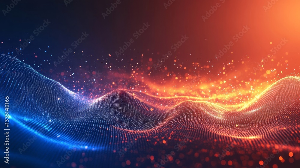 The abstract metallic surface, with its intricate designs, glows in blue and orange lights, generating a striking visual impact The abstract metallic surface, with its intricate designs, glows in blue and orange lights, generating a striking visual impact