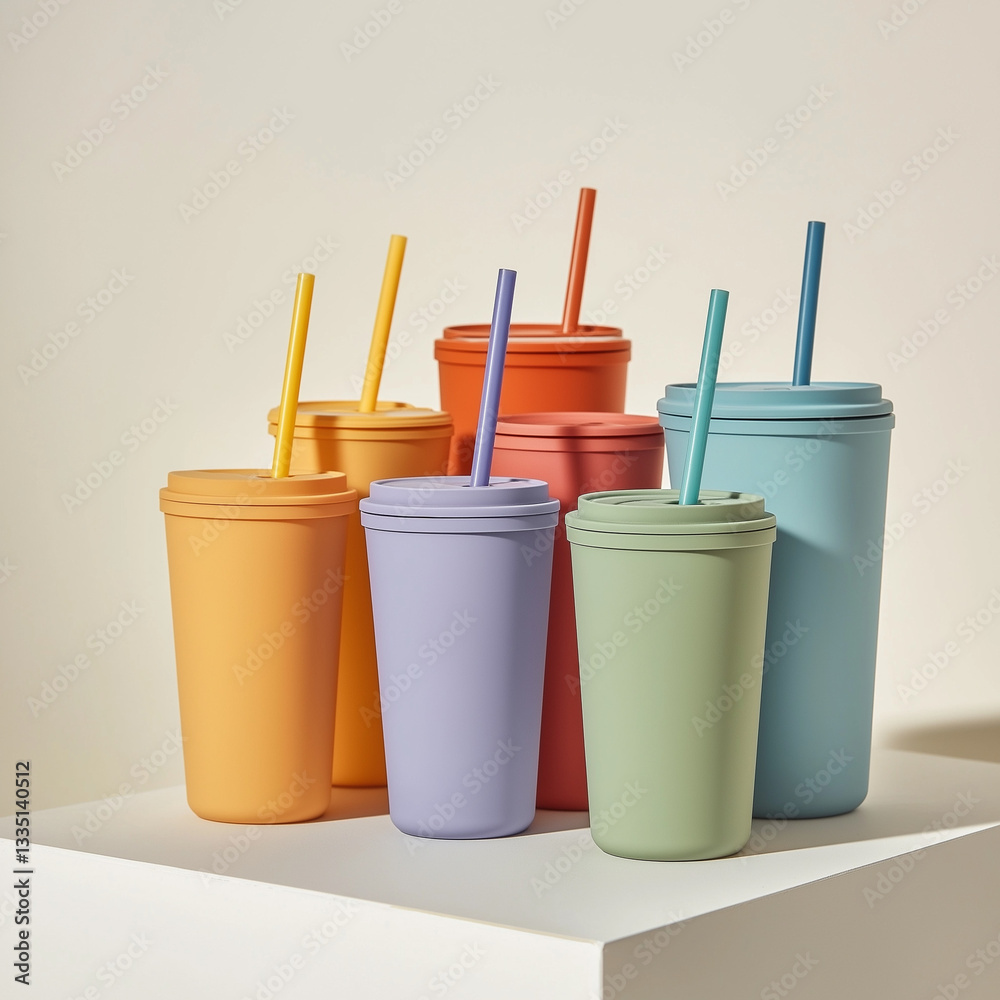 Set of tumblers with matching lids and straws arranged stylishly for beverage product stock photography Set of tumblers with matching lids and straws arranged stylishly for beverage product stock photography