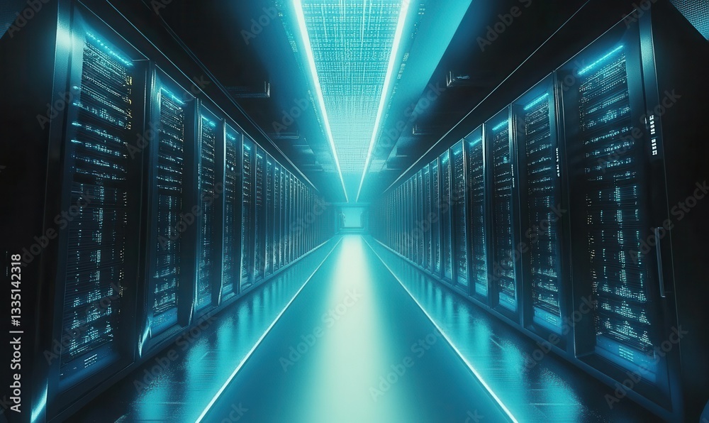 Rows of glowing data servers in a futuristic facility, cold blue lighting creating depth, high-tech digital storage concept, Rows of glowing data servers in a futuristic facility, cold blue lighting creating depth, high-tech digital storage concept,