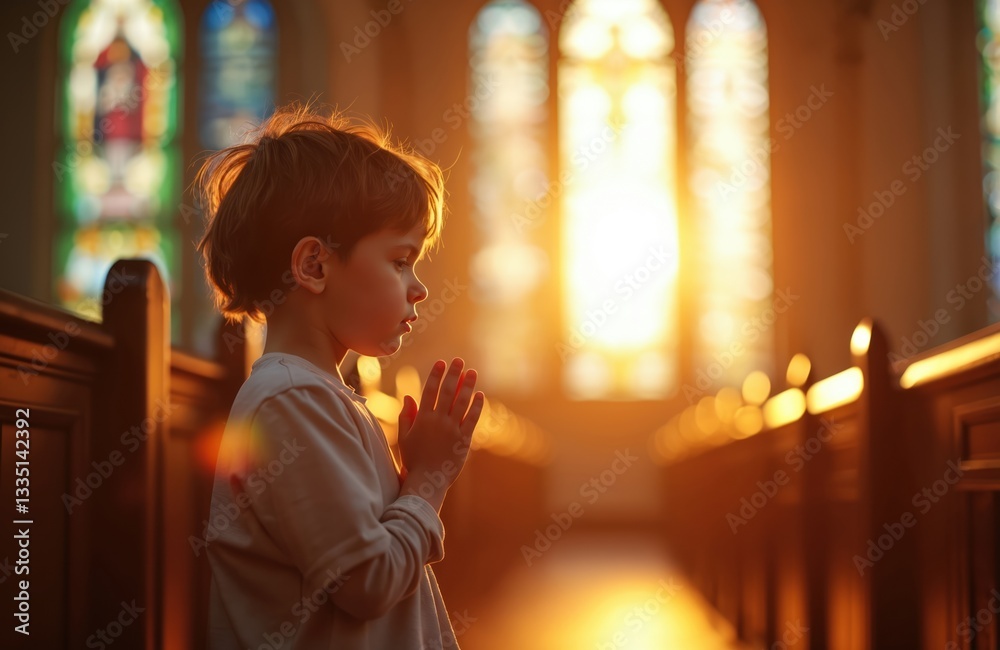 Young boy prays in church. Stained glass window on background. Child folded hands in prayer at worship service. Faith, spirituality, religion theme. Kid hope, believe in God, asks for blessing, Young boy prays in church. Stained glass window on background. Child folded hands in prayer at worship service. Faith, spirituality, religion theme. Kid hope, believe in God, asks for blessing,