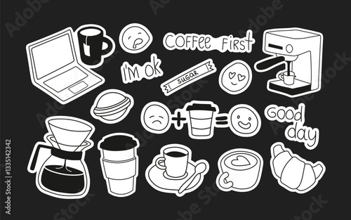 Minimalist coffee doodles and cafe stickers. Espresso machines, kettles, mugs, coffee beans, brewing tools. Vintage-style graphic icons. Brew shop elements.