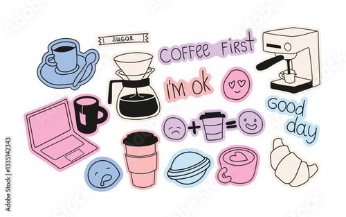 Minimalist coffee doodles and cafe stickers. Espresso machines, kettles, mugs, coffee beans, brewing tools. Vintage-style graphic icons. Brew shop elements.