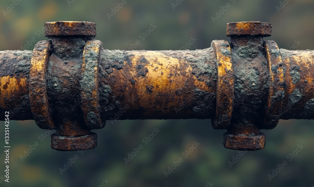 Rusted industrial pipe with detailed textures, weathered surface contrasting with a soft natural background Rusted industrial pipe with detailed textures, weathered surface contrasting with a soft natural background