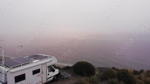 Caravan With Solar Panels On Roof On Coast, Spain. Aerial View.
