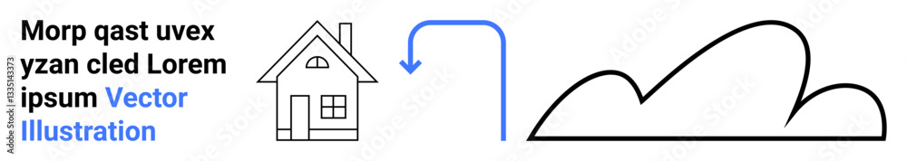 House with minimal design linked by a blue arrow to a simplistic representation of clouds or hills. Ideal for real estate, eco-living, minimalism, sustainability, transitions, urban-rural themes House with minimal design linked by a blue arrow to a simplistic representation of clouds or hills. Ideal for real estate, eco-living, minimalism, sustainability, transitions, urban-rural themes