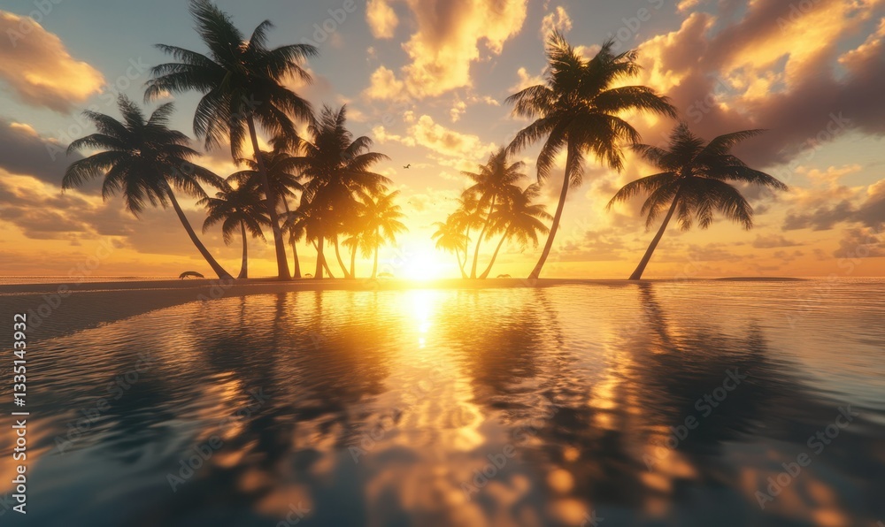 Obraz premium Sunset over ocean, palm trees reflecting in calm water.