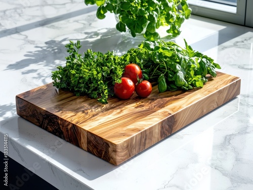 Natural sunlit maple chopping board with fresh vegetables on bright countertop kitchen still life aerial view