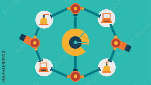 Robots in a Circular Production System A circular design shows several robotic arms interconnected working collaboratively to move parts through various stages of production