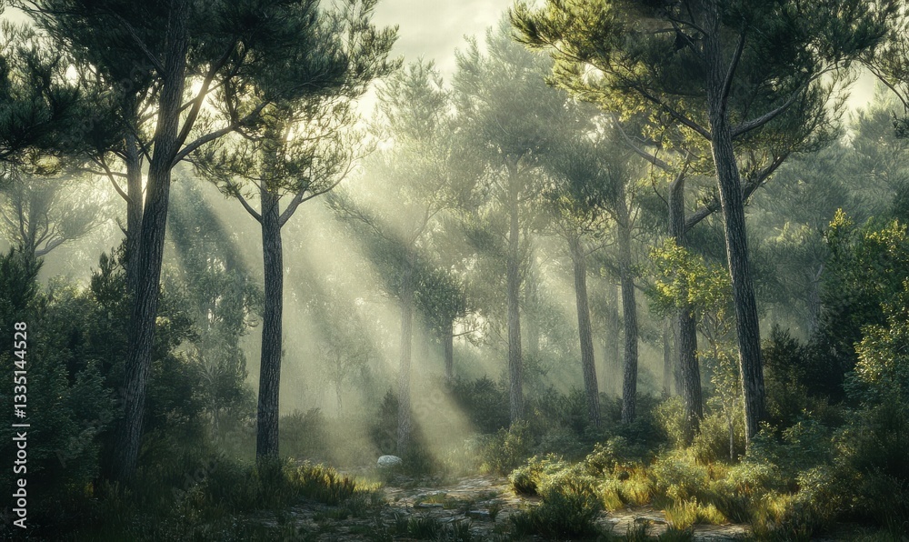 Obraz premium Sunlight filtering through tall trees in a serene forest.