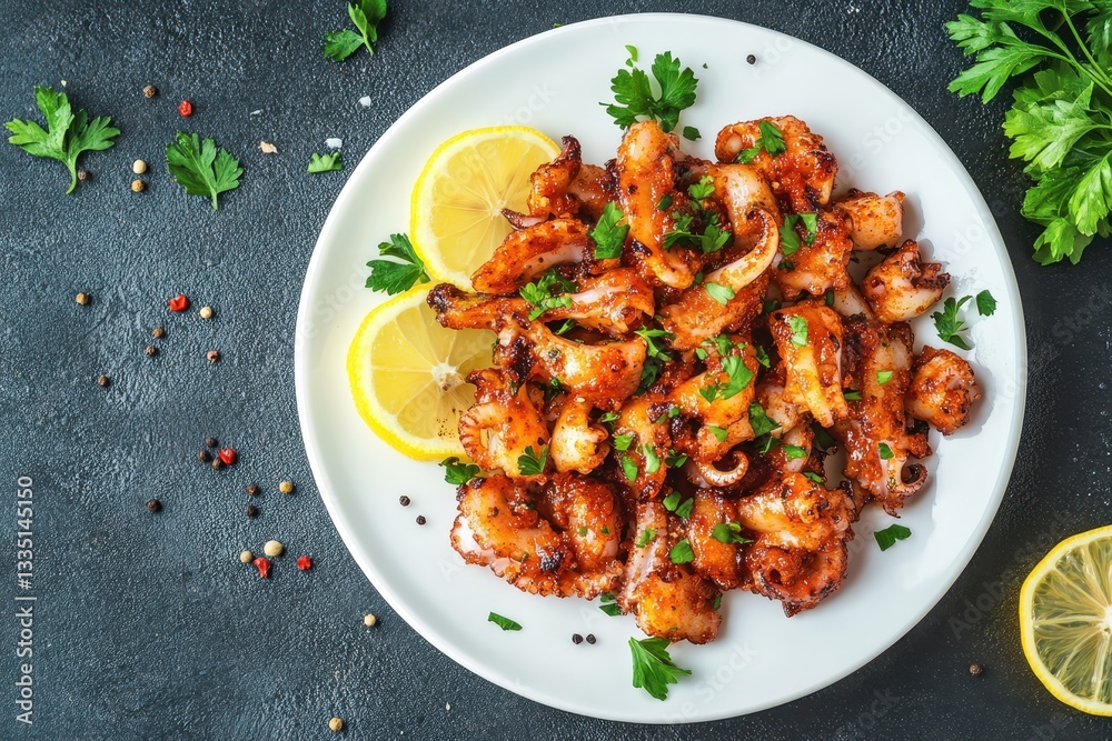 Fototapeta premium Crispy spicy squid tentacles on a white dish with lemon and parsley