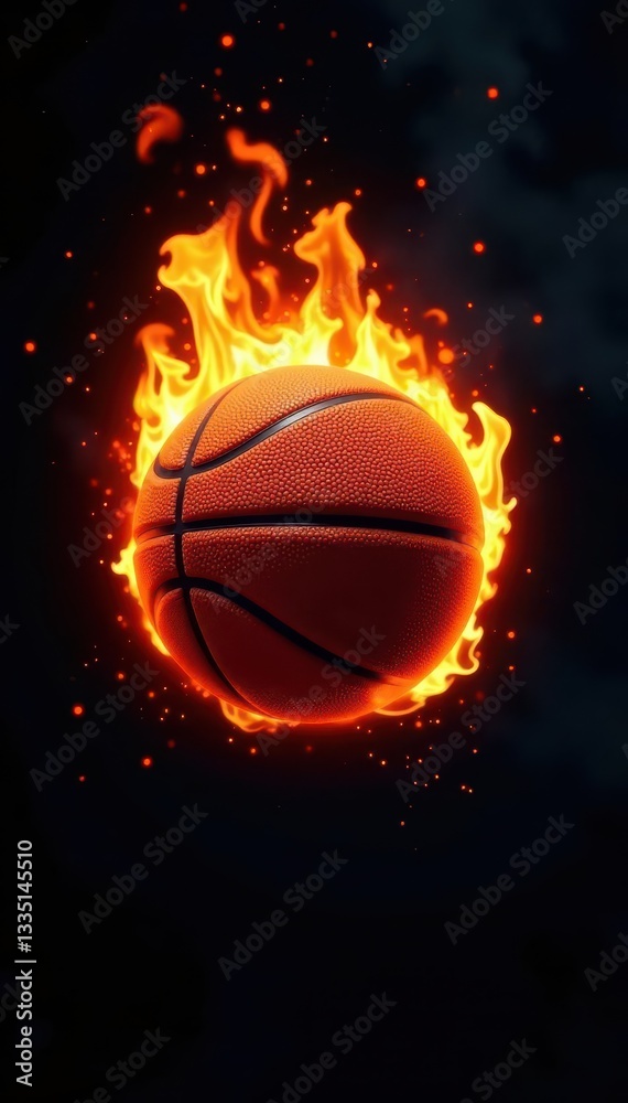 Fototapeta premium Fiery basketball ablaze against black backdrop, fiery, smoke