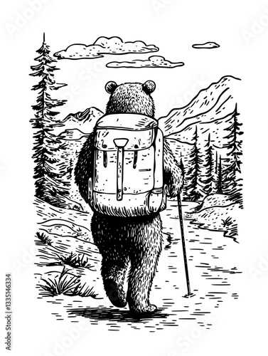 Bear exploring a tranquil forest path with a backpack and walking stick during a serene day