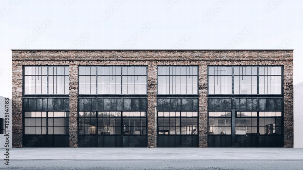 Industrial Brick Building: A modern industrial building with large, dark-framed windows and brick facade. The architectural design is simple and clean. Industrial Brick Building: A modern industrial building with large, dark-framed windows and brick facade. The architectural design is simple and clean.