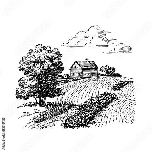 Beautiful rural landscape with a charming house and lush fields in a serene setting at midday