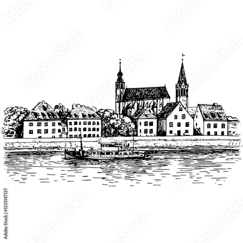 Serene riverside view showcasing historic architecture along the water's edge with a charming boat nearby