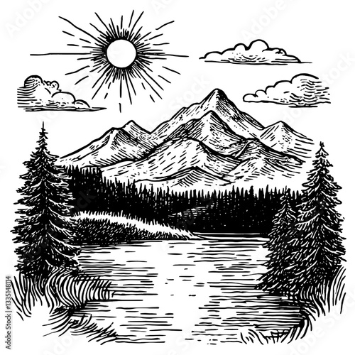 Cinematic view of a serene mountain landscape with sun, clouds, and a tranquil lake at midday