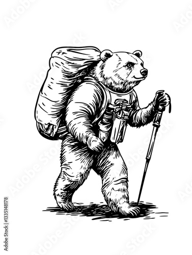 Panda explores stunning nature while hiking through lush landscapes with a backpack and trekking poles during an adventurous expedition