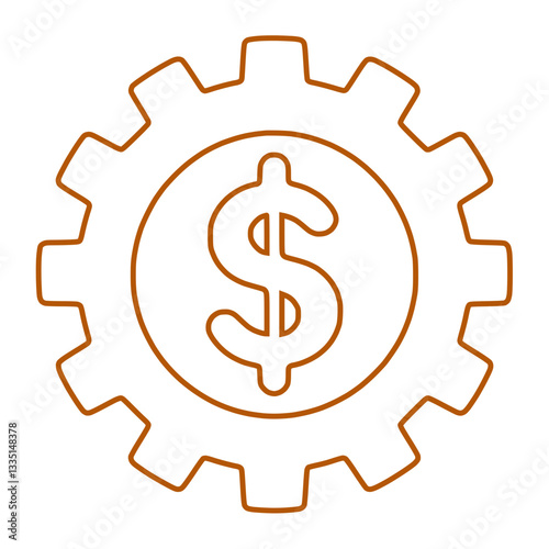 Outline icon of a gear with a dollar symbol, representing finance and industry