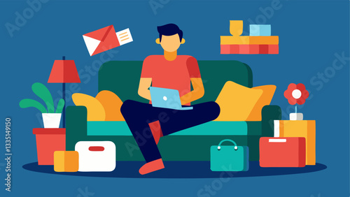 Materialistic Lifestyle A lifestyle montage showing a person lounging on a luxurious couch surrounded by gadgets and shopping bags embodying a life focused on possessions.