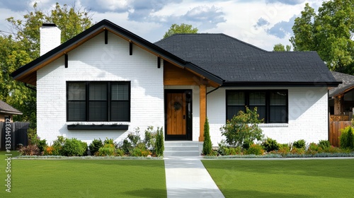 Modern Craftsman Bungalow: A charming modern craftsman style bungalow with white stucco exterior, black roof, and wood accents sits on a neatly manicured lawn.