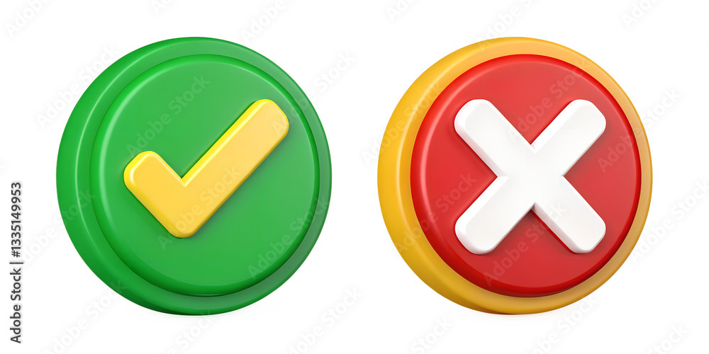 3d Green Check Mark and Red Cross Icon Designs: Visual Indicators for Correct and Incorrect Choices in Digital Interfaces 3d Green Check Mark and Red Cross Icon Designs: Visual Indicators for Correct and Incorrect Choices in Digital Interfaces