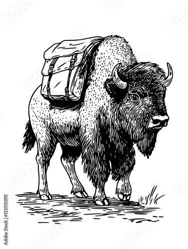 Majestic bison with a rugged backpack exploring the untamed wilderness during a vibrant sunset