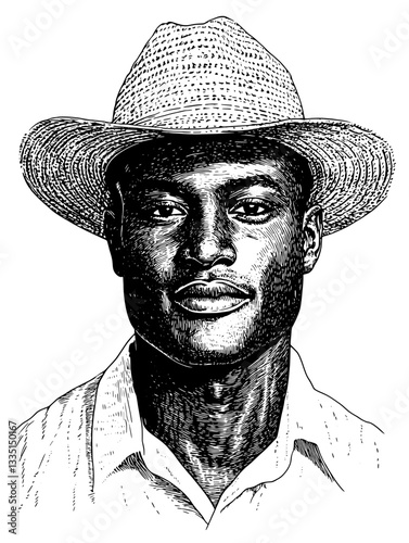 Beautiful cinematic portrayal of a man wearing a straw hat in a lush natural setting during a sunny day