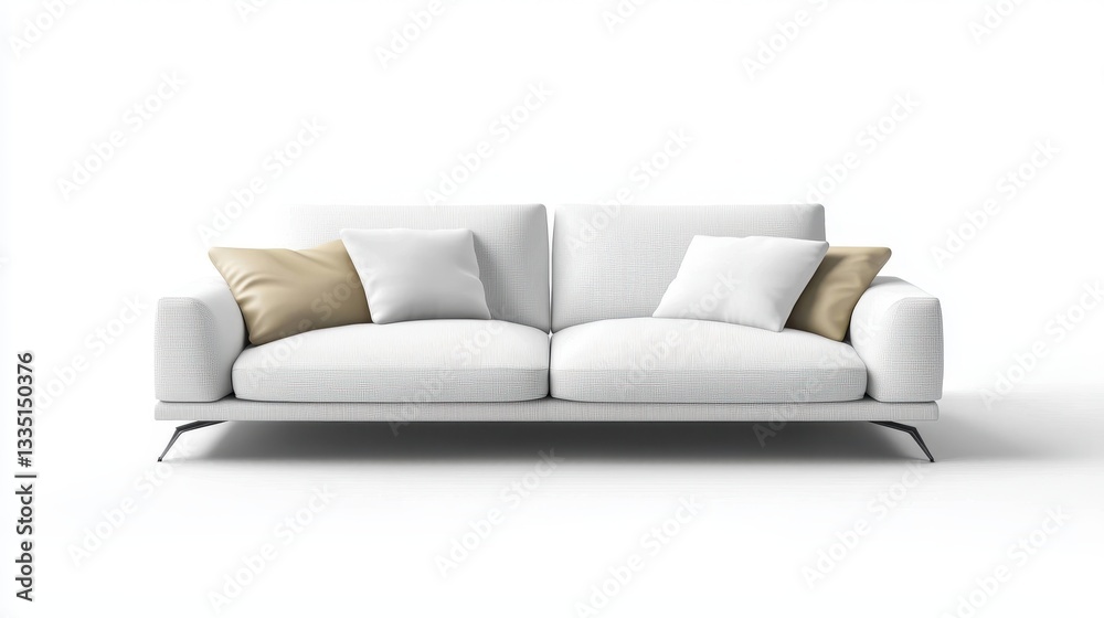 Fototapeta premium Modern White Sofa with Beige Pillows on White Background