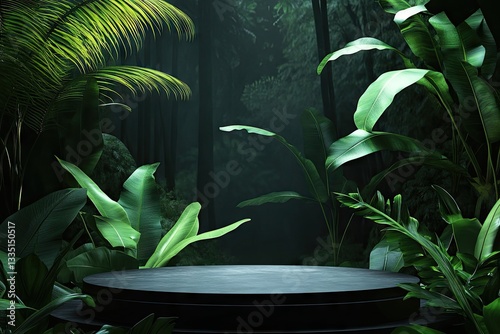 Fototapeta Naklejka Na Ścianę i Meble -  Dark jungle podium for product display. Lush green foliage surrounds a dark, circular platform