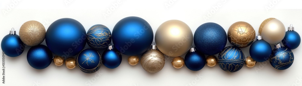 A collection of elegant blue and gold Christmas ornaments arranged in a row, perfect for holiday-themed designs, seasonal marketing, or festive decorations, A collection of elegant blue and gold Christmas ornaments arranged in a row, perfect for holiday-themed designs, seasonal marketing, or festive decorations,