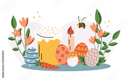 Wallpaper Mural Set Easter cartoon stickers in cute pastel style. Spring elements, bunnies, eggs, festive holiday, Easter baskets, flowers. Vector doodle hand-drawn icons. Torontodigital.ca