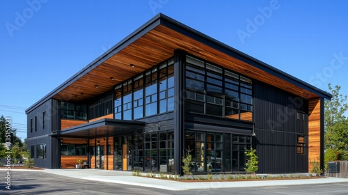 Modern Architectural Marvel: A sleek, contemporary building featuring expansive windows, timber accents, and a striking design.
