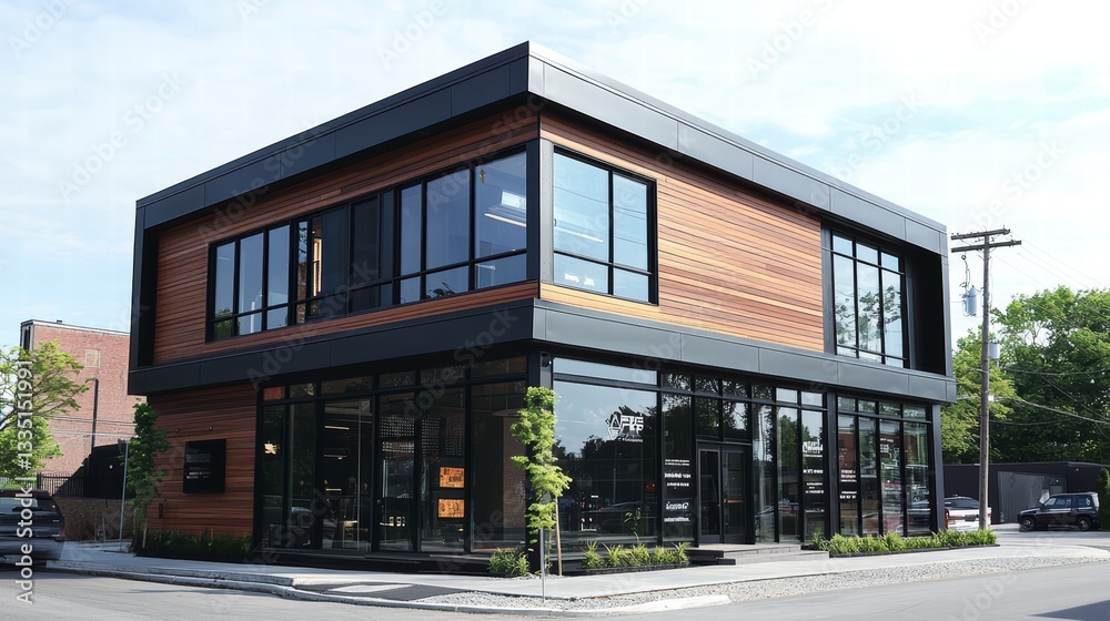 Modern Architectural Marvel: An exterior view of a sleek, contemporary building featuring clean lines, large windows, and a blend of natural and industrial materials. Modern Architectural Marvel: An exterior view of a sleek, contemporary building featuring clean lines, large windows, and a blend of natural and industrial materials.