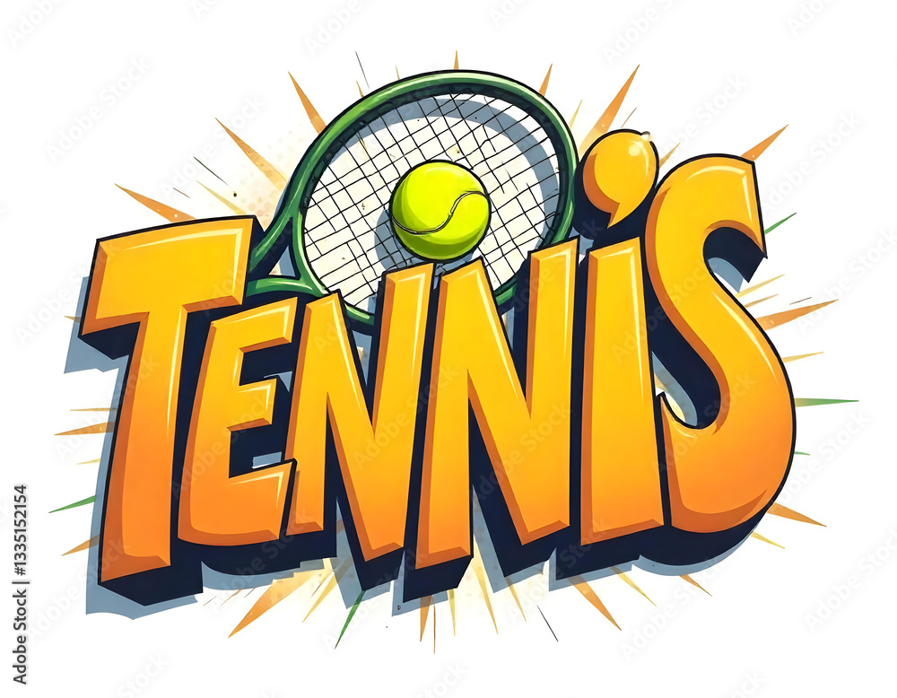 custom made wallpaper toronto digitalretro colorful tennis ball word banner poster, Retro tennis lettering design with ball, graffiti style sport text design, Pop art tennis wording on red background art, tennis ball yellow