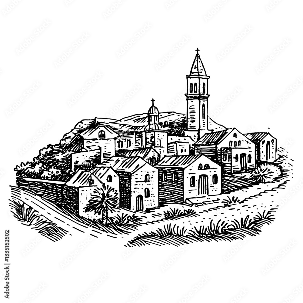 Fototapeta premium Cinematic depiction of a historic village nestled in nature during daylight hours