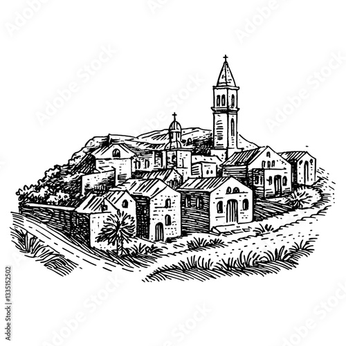 Cinematic depiction of a historic village nestled in nature during daylight hours