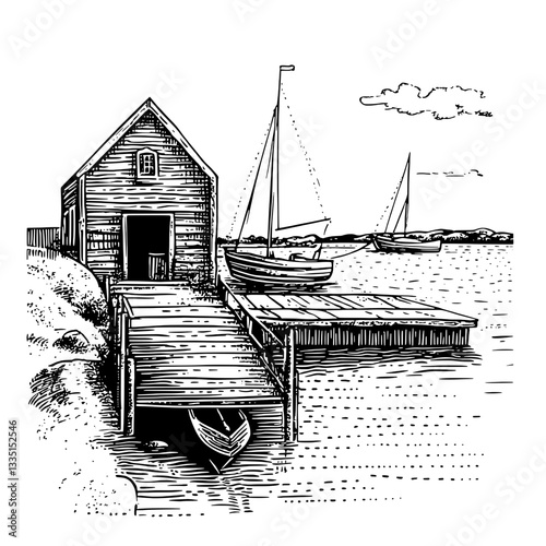 Tranquil bay with sailboats near a rustic boathouse at sunset capturing the beauty of nature