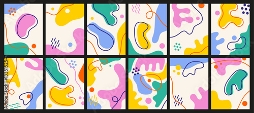 Set of abstract backgrounds with doodle, childish elements. Simple compositions with colorful hand-drawn shapes. Collection of playful designs for card, poster, or cover. Flat vector illustrations.