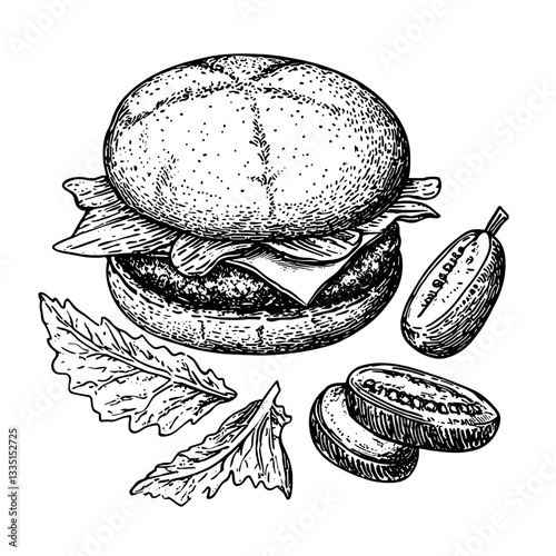 Delicious burger with fresh vegetables and condiments in a beautifully arranged setting for a cinematic experience