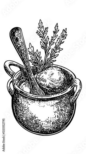 Cinematic display of natural ingredients in a rustic cooking pot with spice leaves