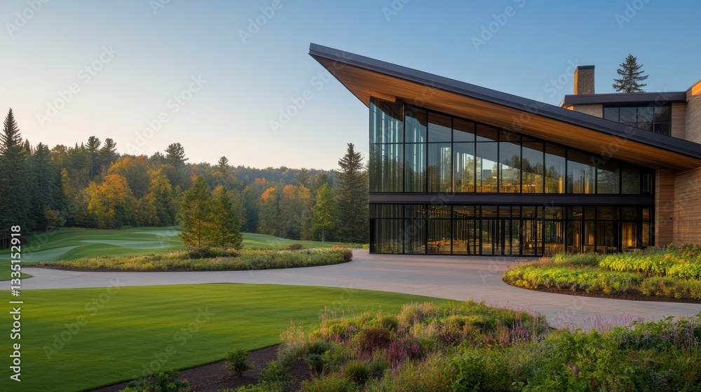 Obraz premium A modern architectural building set amidst lush greenery and trees, perfect for showcasing luxury real estate, resorts, or nature retreats, Great for marketing materials and travel brochures,