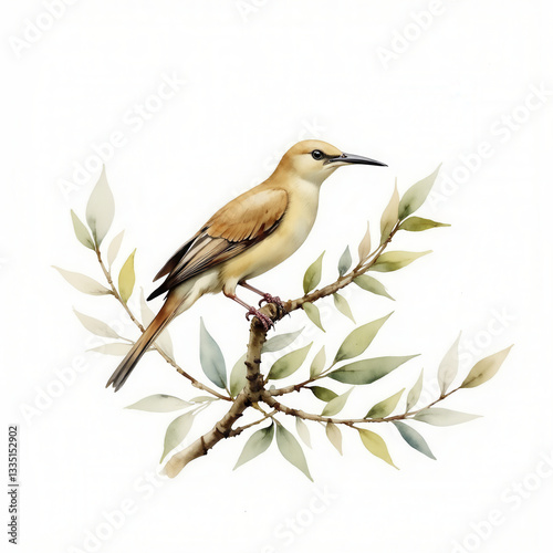Watercolor Painting of a Bird on a Branch


