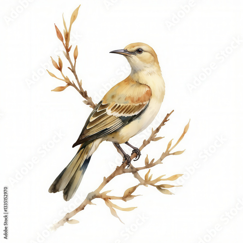 Watercolor Painting of a Bird on a Branch


