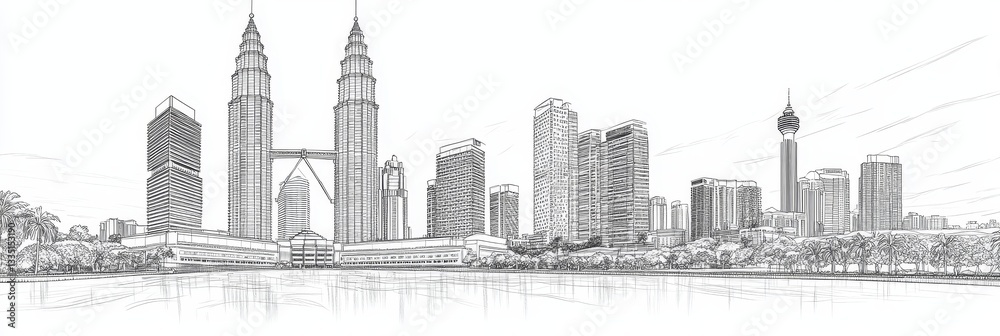 Fototapeta premium Kuala Lumpur Skyline Pencil Sketch - A stunning line art sketch of the Kuala Lumpur skyline, showcasing modern architecture, iconic skyscrapers, and lush greenery. It symbolizes progress