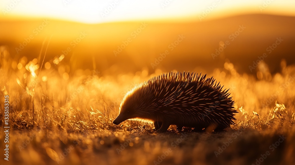 Obraz premium Short beaked echidna emerges golden light of sunset spine backlit create striking silhouette against warm hue of horizon rolling hill background fade into soft blur adding depth sense of vast